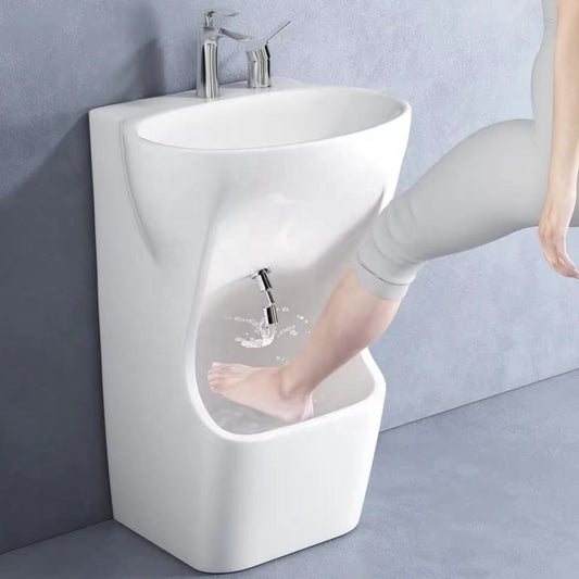 2-in-1 freestanding white ceramic basin with integrated foot wash basin and chrome taps