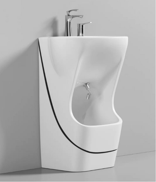 2-in-1 freestanding white ceramic basin with integrated foot wash and black trim accent